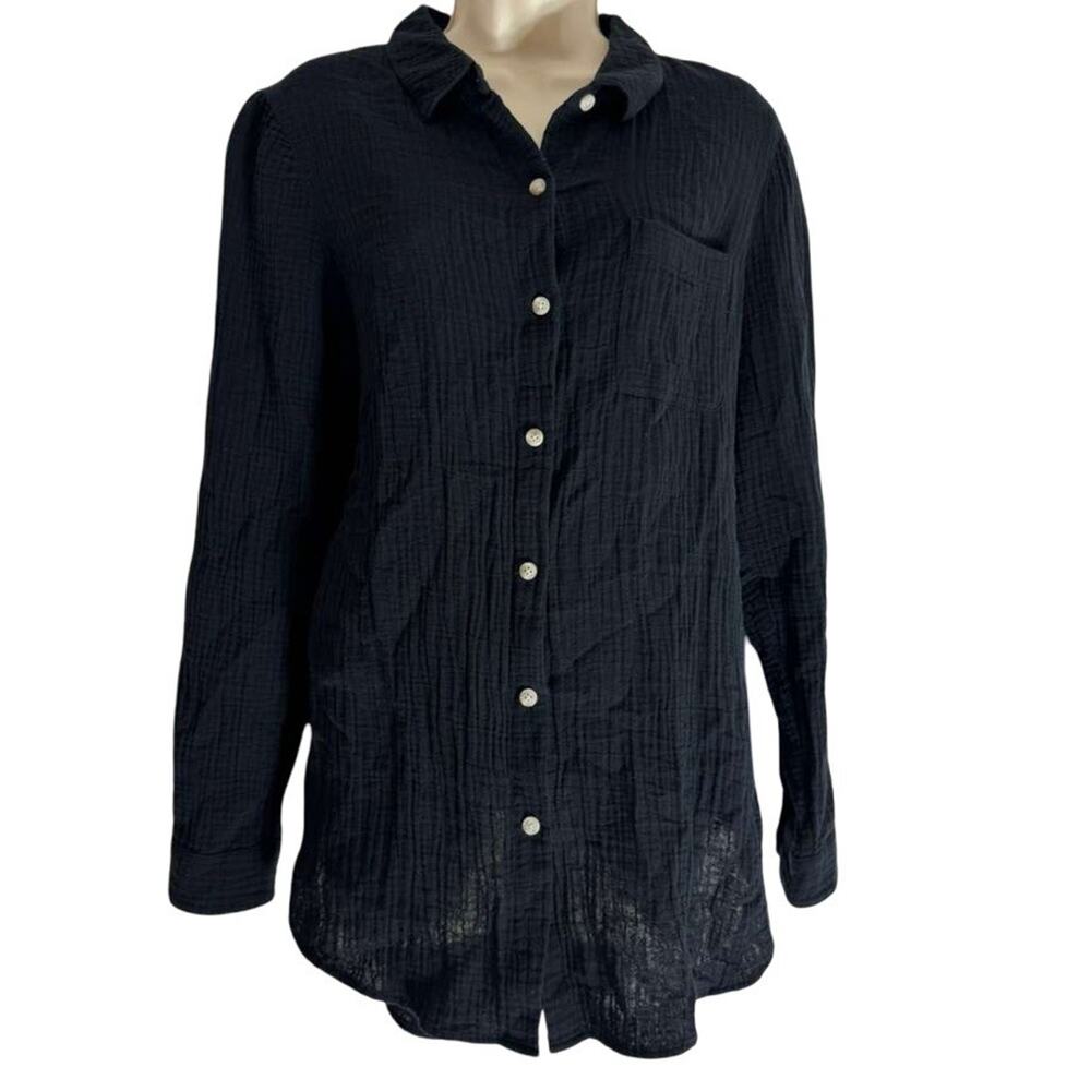 J Jill Gauze Solid Black Button Up Collared Long Sleeve Shirt 100% Cotton Top M